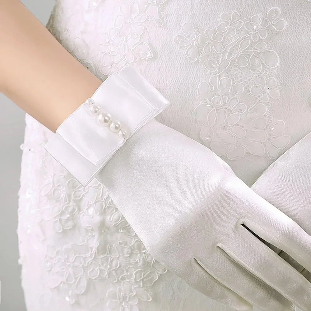 Women's Embellished Satin White Pearl Bow Gloves Elegant Finger Accessory